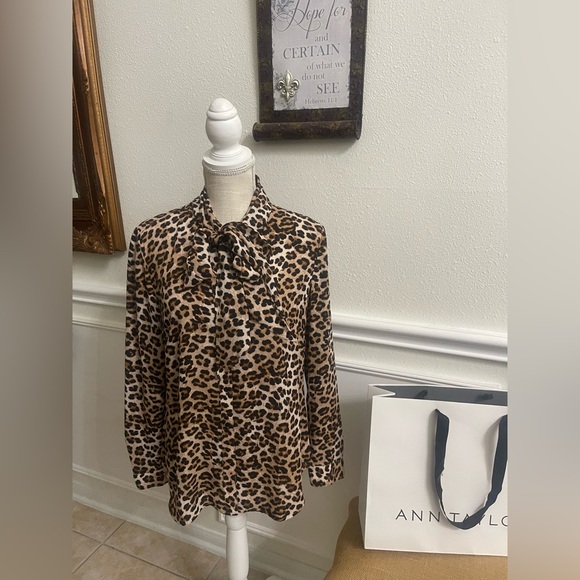 Ann Taylor Factory Tops - Ann Taylor Factory Leopard Print Tie-Neck Blouse - Brown & Black